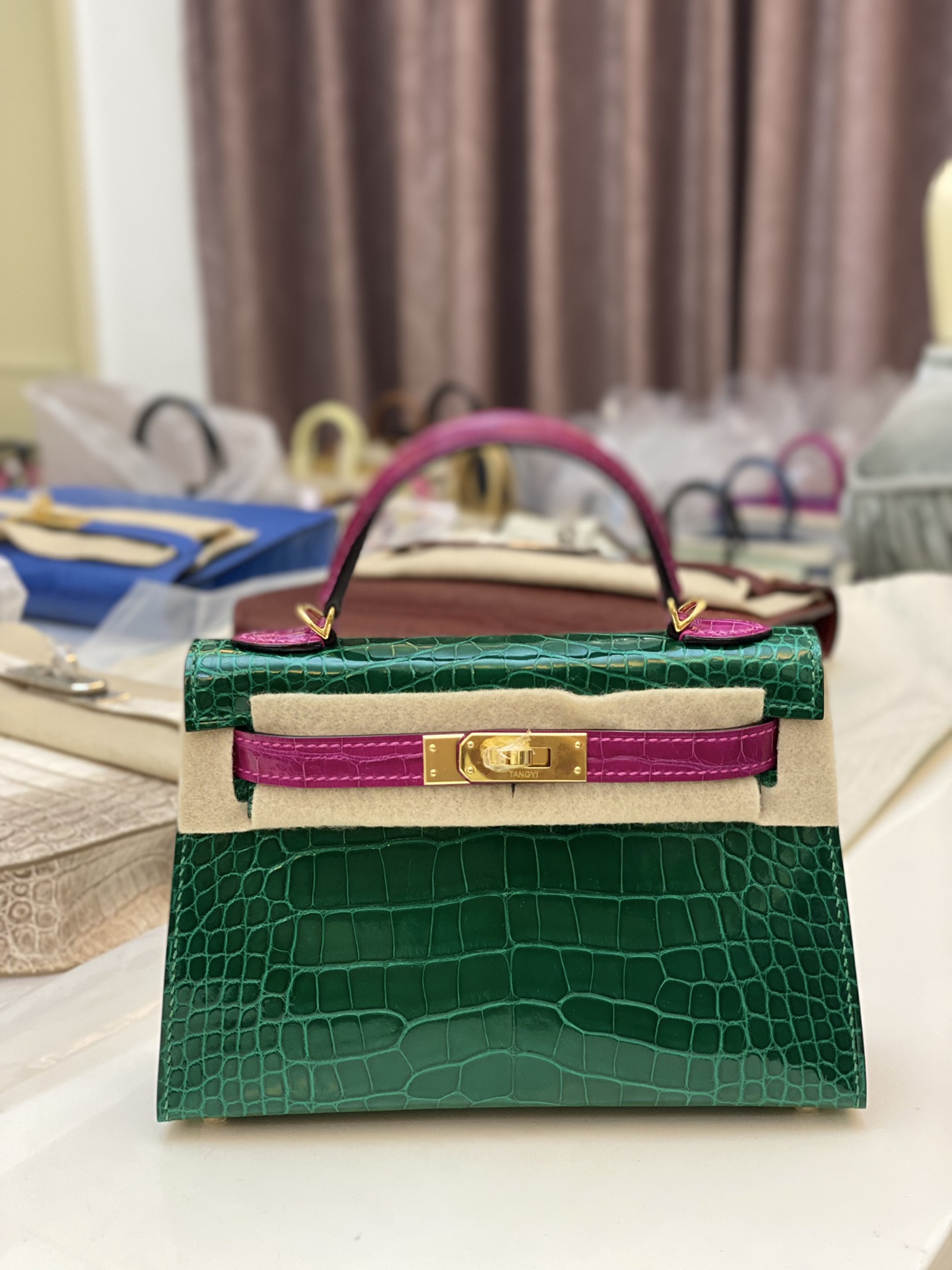 Hermes Kelly Mini II Bag 19CM In Green Purple Shiny Alligator Leather